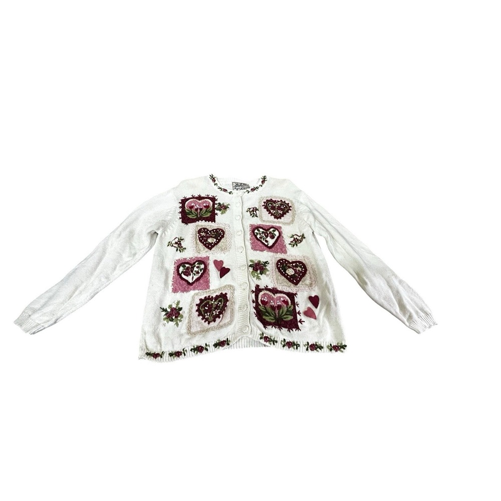Heirloom‎ Collectibles Women's M Button-Front Embroidered Floral Heart Pink